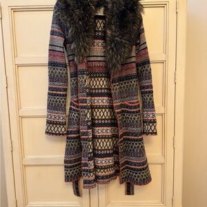 Patterned Long Sleeve Dress with Faux Fur Collar